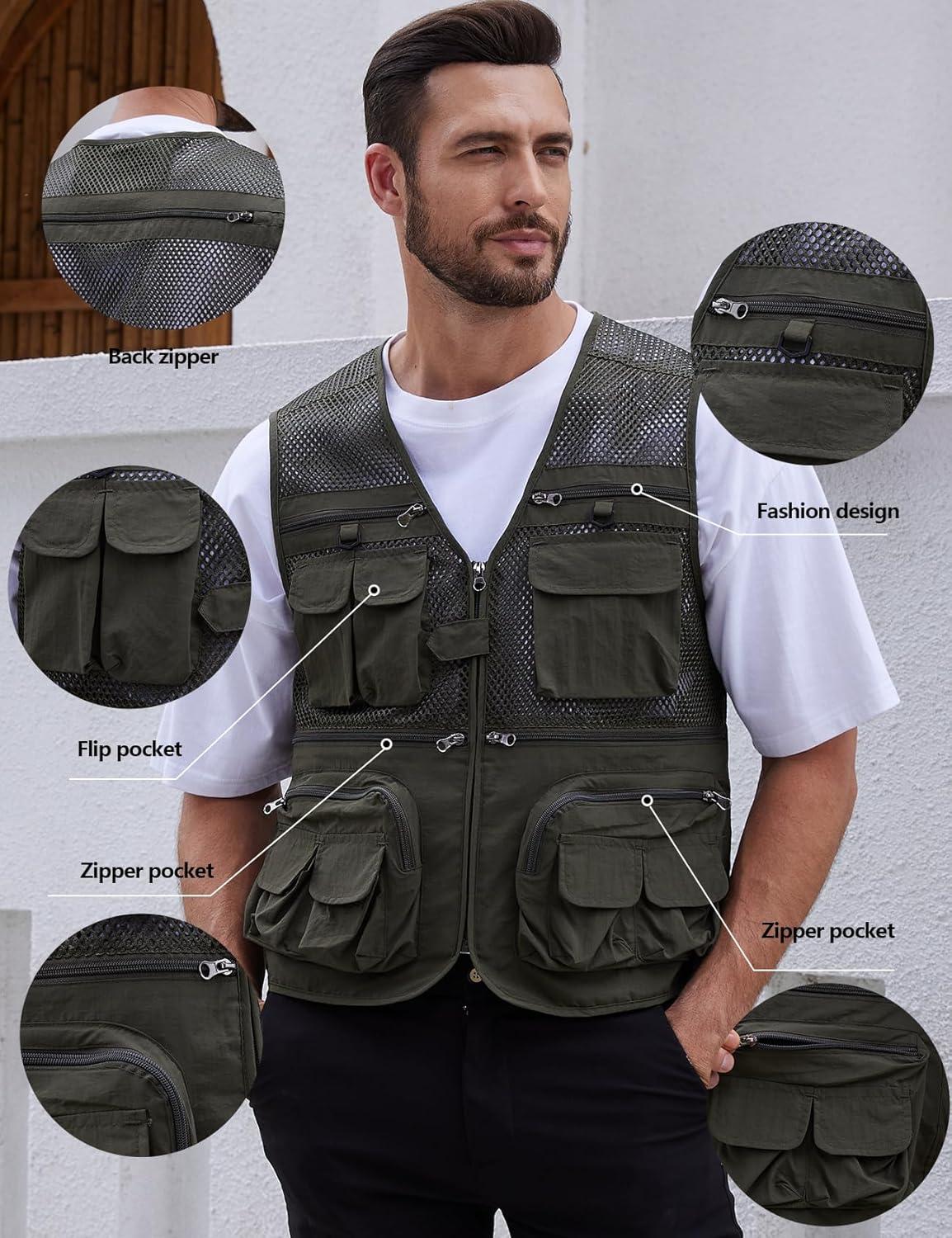 imageGihuo Mens Fishing Vest Utility Safari Travel Vest with Pockets Outdoor Work Photo Cargo Fly Summer VestArmy Greenmesh