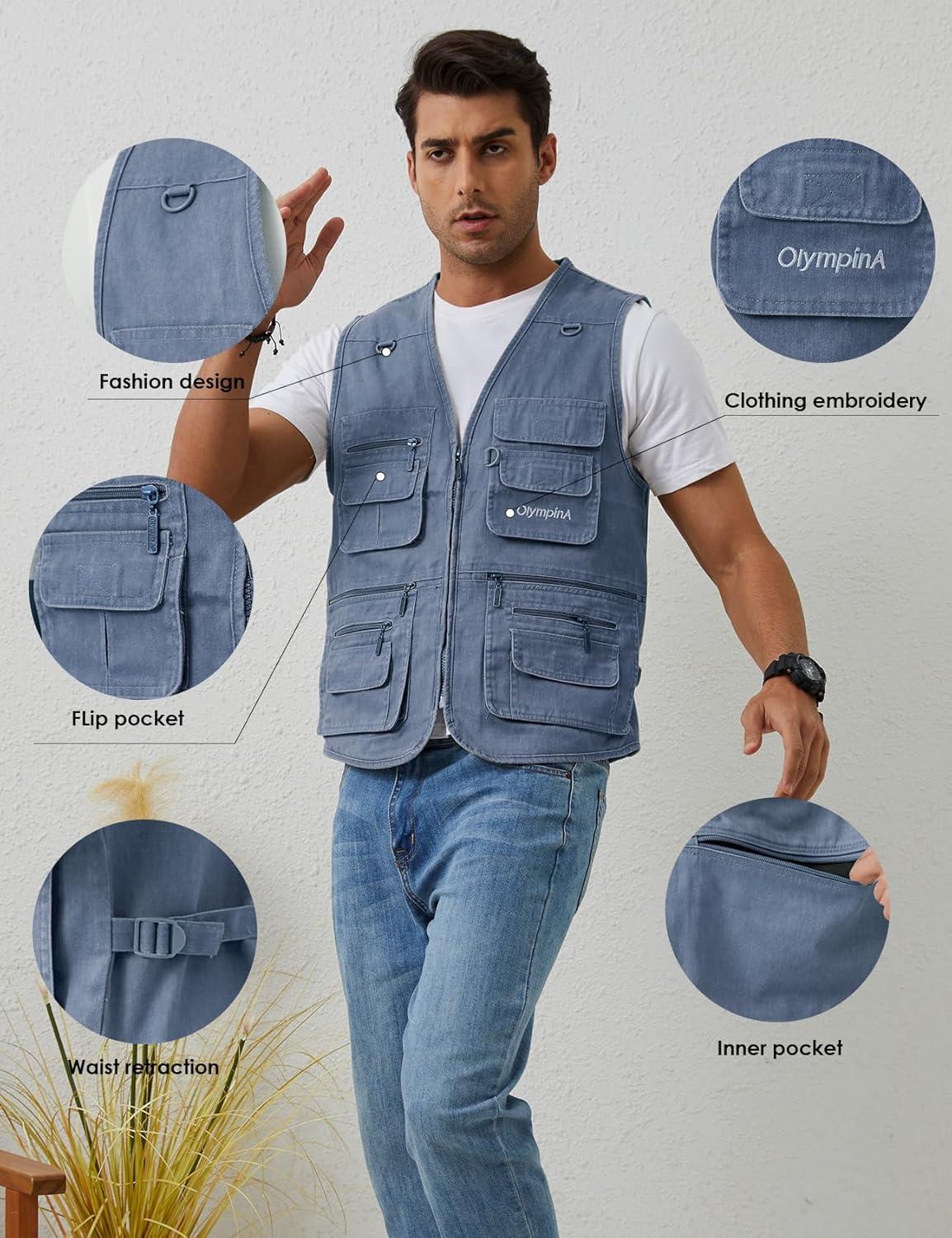 imageGihuo Mens Fishing Vest Utility Safari Travel Vest with Pockets Outdoor Work Photo Cargo Fly Summer VestBlue