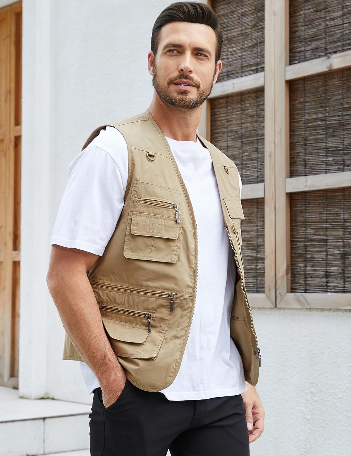 imageGihuo Mens Fishing Vest Utility Safari Travel Vest with Pockets Outdoor Work Photo Cargo Fly Summer VestKhaki