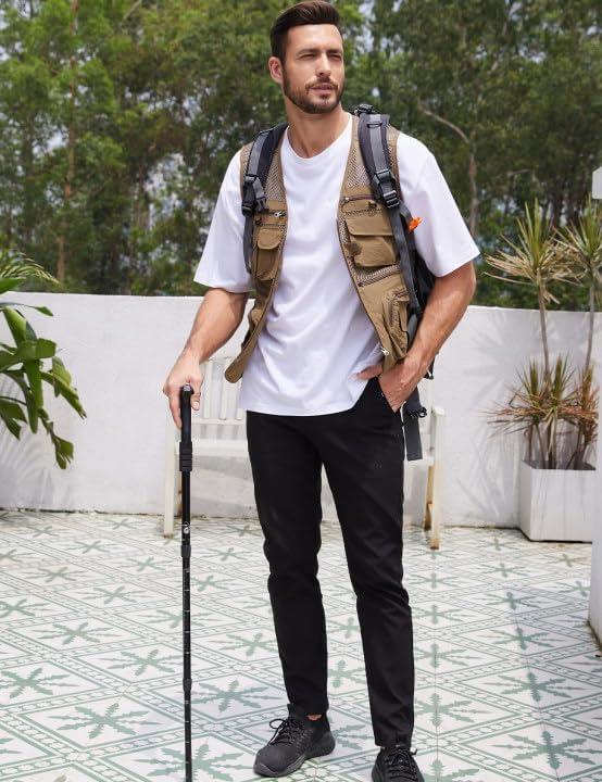 imageGihuo Mens Fishing Vest Utility Safari Travel Vest with Pockets Outdoor Work Photo Cargo Fly Summer VestKhakimesh