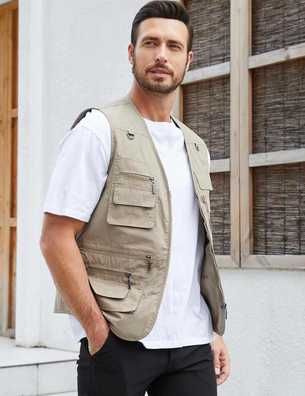 imageGihuo Mens Fishing Vest Utility Safari Travel Vest with Pockets Outdoor Work Photo Cargo Fly Summer VestLight Khaki