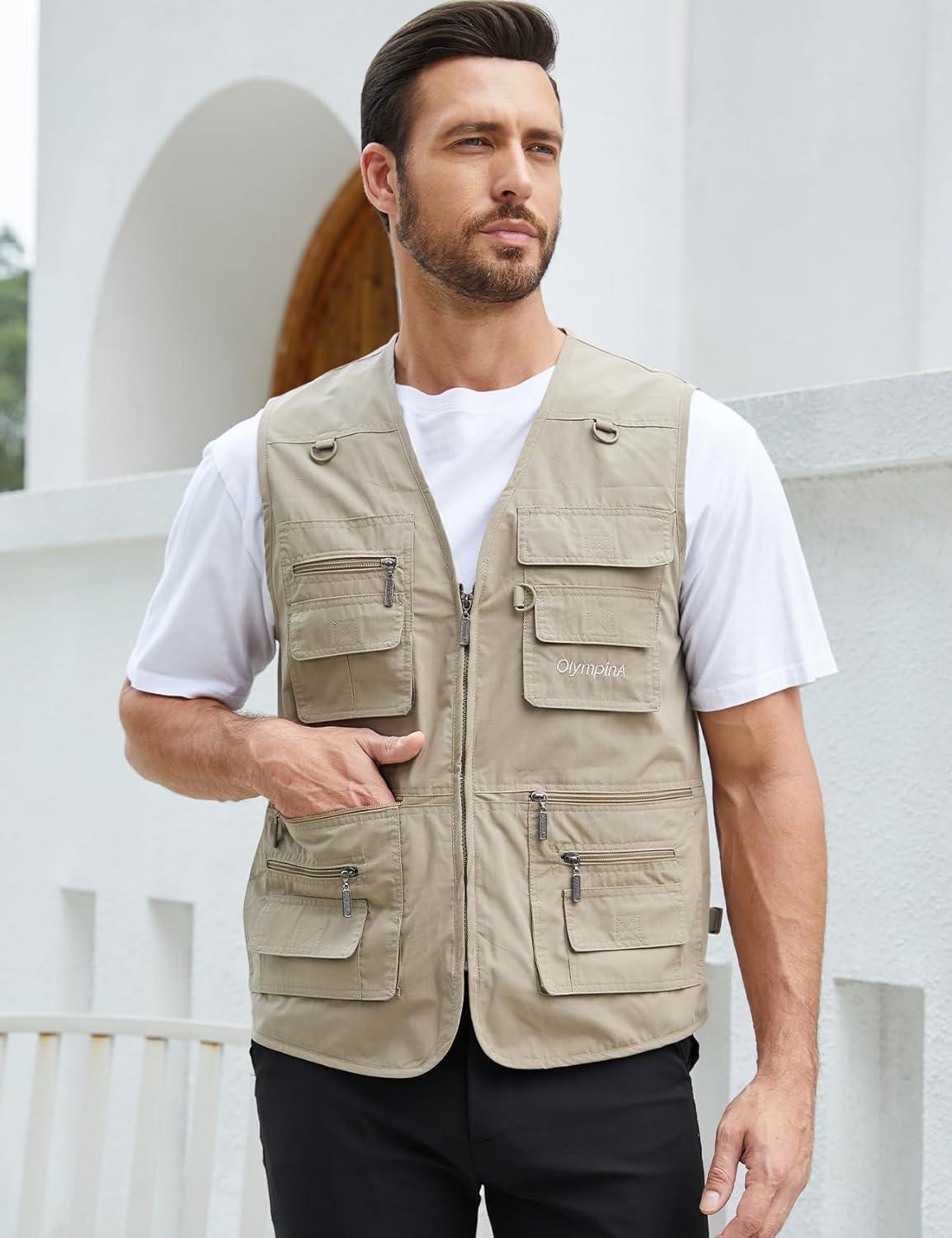 imageGihuo Mens Fishing Vest Utility Safari Travel Vest with Pockets Outdoor Work Photo Cargo Fly Summer VestLight Khaki