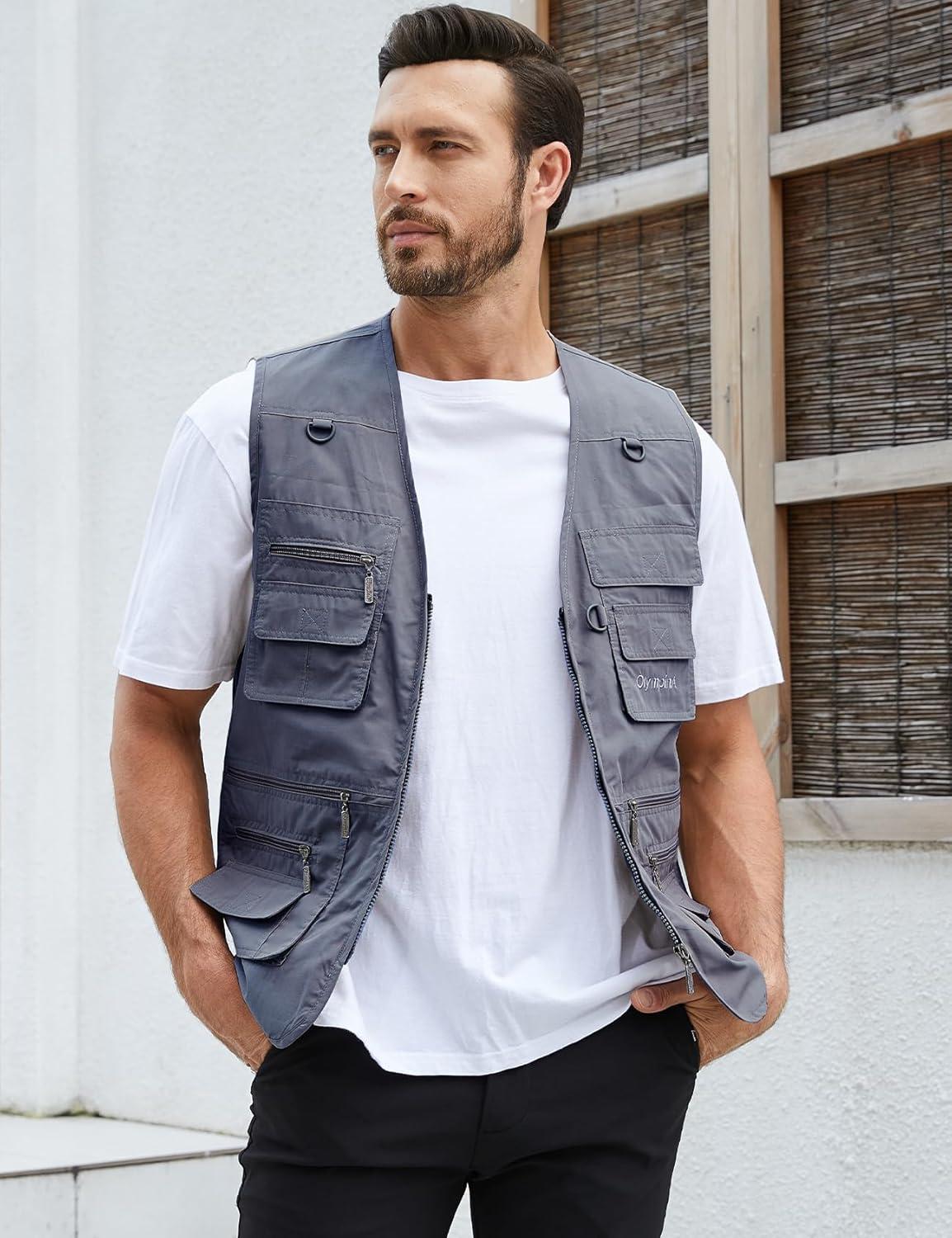imageGihuo Mens Fishing Vest Utility Safari Travel Vest with Pockets Outdoor Work Photo Cargo Fly Summer VestSteelgrey