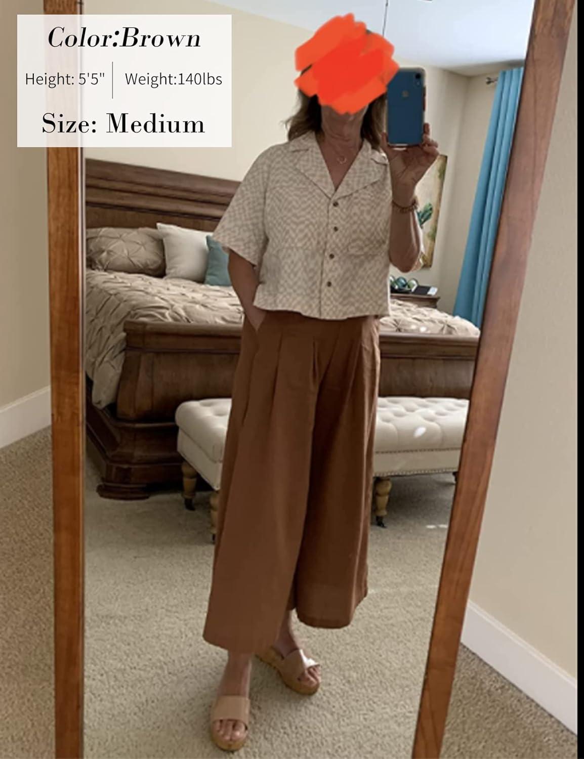 imageGihuo Women s Culottes Linen Blend Wide Leg Pants Elastic Waist Casual Palazzo Trousers with Pockets CaprisBrown