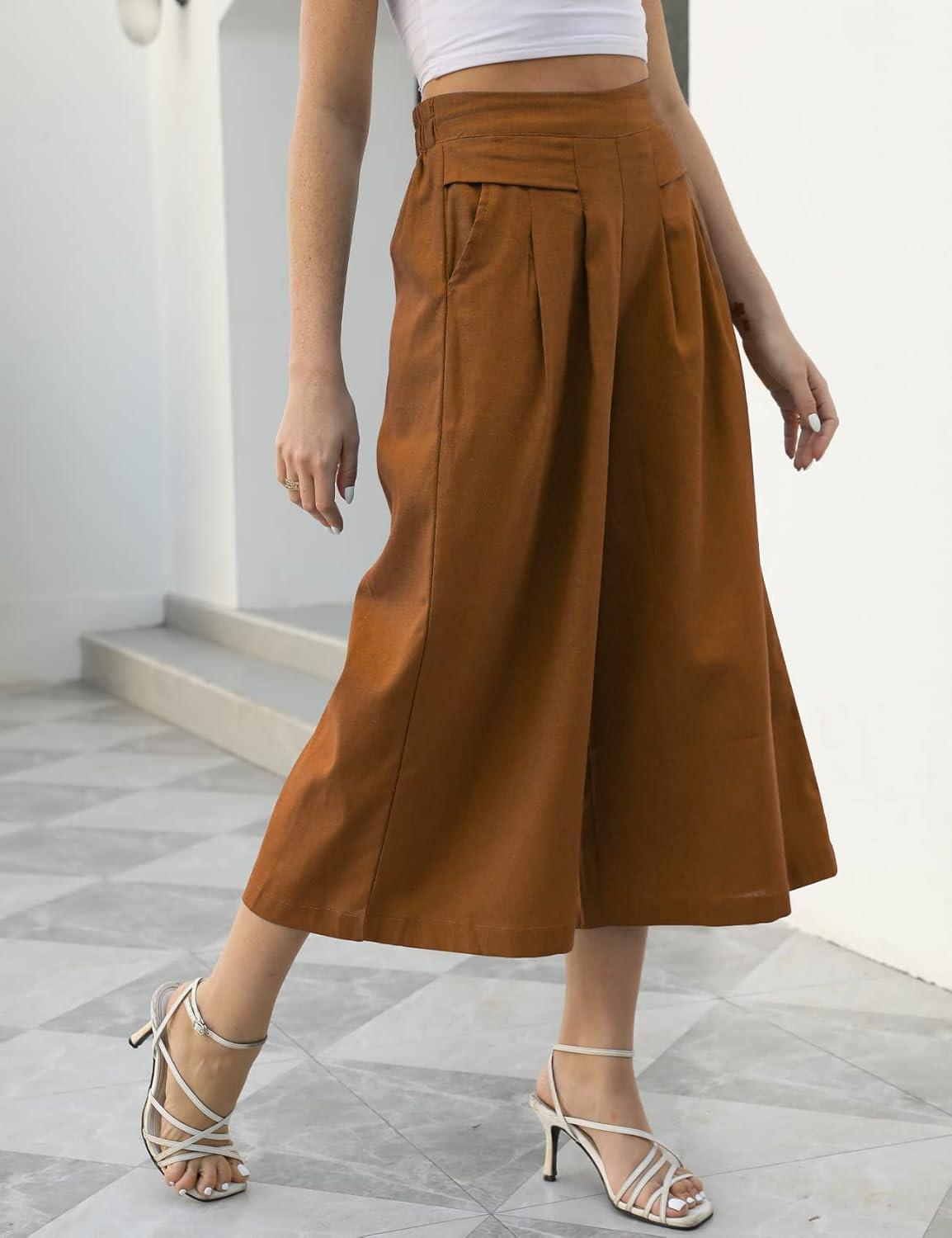 imageGihuo Women s Culottes Linen Blend Wide Leg Pants Elastic Waist Casual Palazzo Trousers with Pockets CaprisBrown