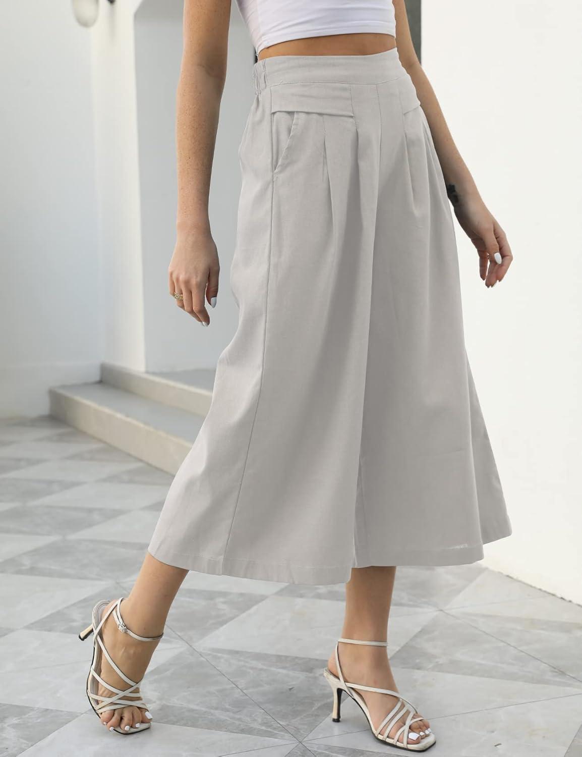 imageGihuo Women s Culottes Linen Blend Wide Leg Pants Elastic Waist Casual Palazzo Trousers with Pockets CaprisLightkhaki