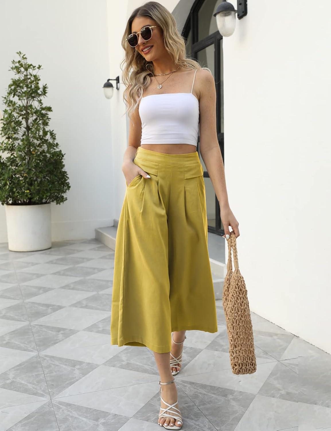 imageGihuo Women s Culottes Linen Blend Wide Leg Pants Elastic Waist Casual Palazzo Trousers with Pockets CaprisYellow