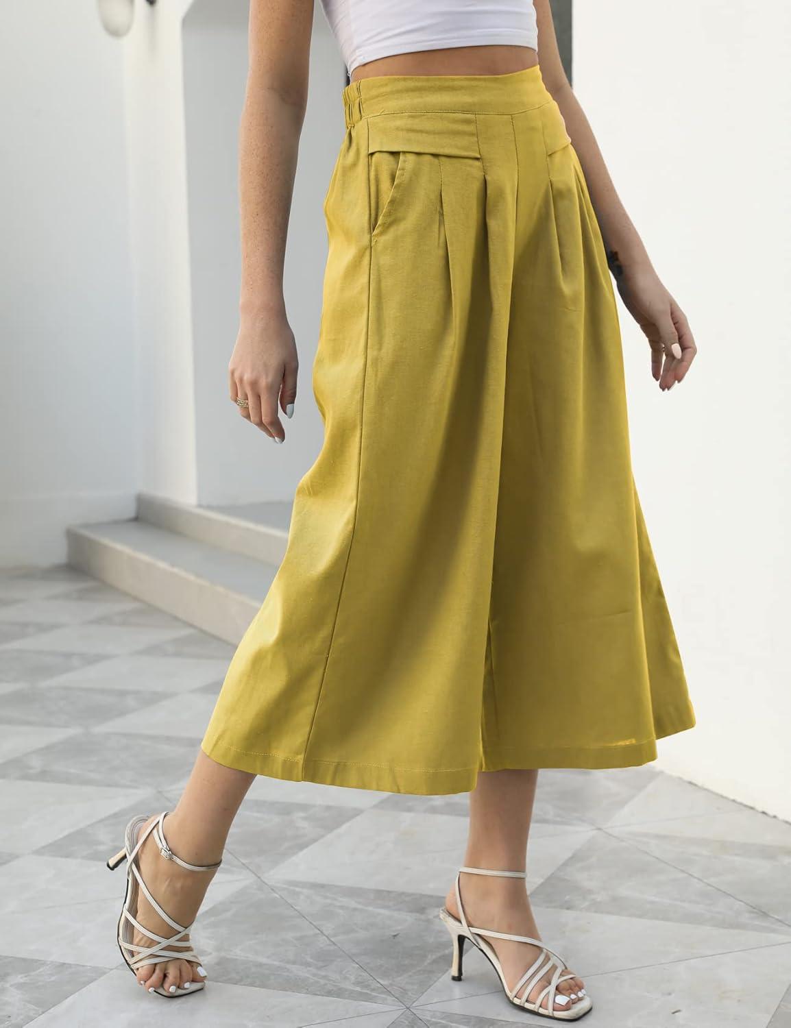 imageGihuo Women s Culottes Linen Blend Wide Leg Pants Elastic Waist Casual Palazzo Trousers with Pockets CaprisYellow