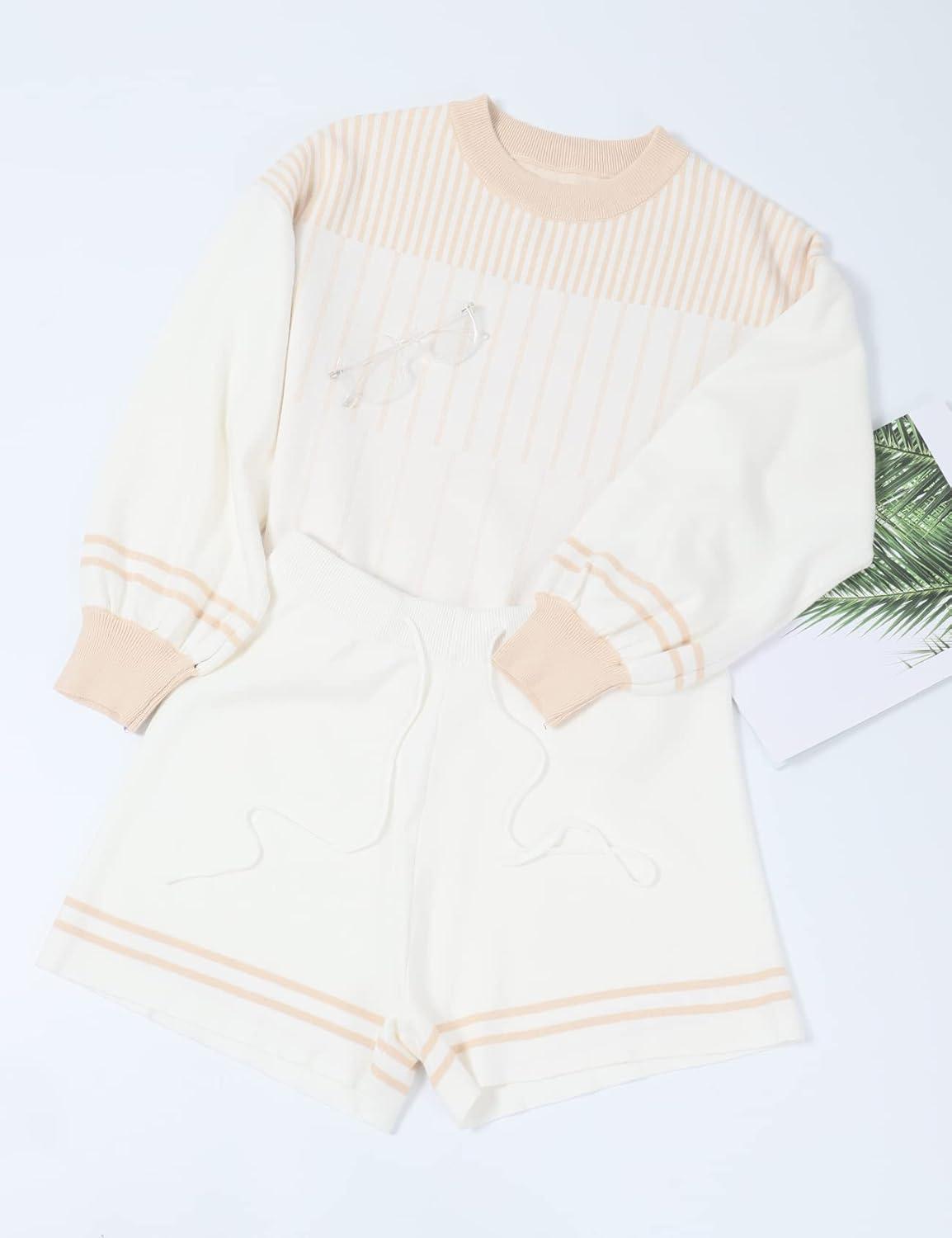 imageGihuo Women s Striped 2 Piece Outfits Crewneck Knit Pullover Sweater Shorts Set Wide Leg Matching Set LoungewearApricot
