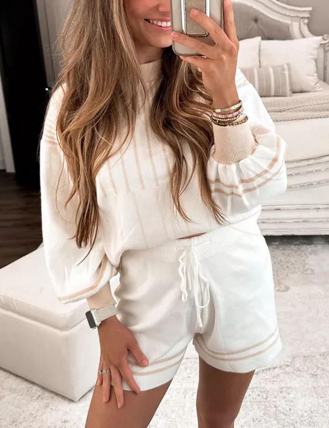 imageGihuo Women s Striped 2 Piece Outfits Crewneck Knit Pullover Sweater Shorts Set Wide Leg Matching Set LoungewearApricot