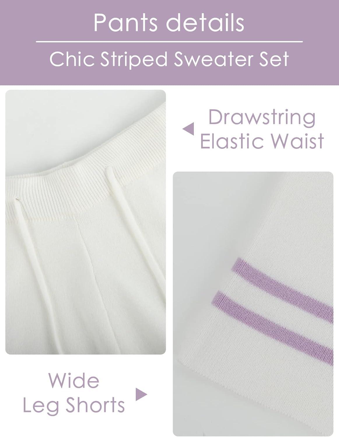 imageGihuo Women s Striped 2 Piece Outfits Crewneck Knit Pullover Sweater Shorts Set Wide Leg Matching Set LoungewearPurple