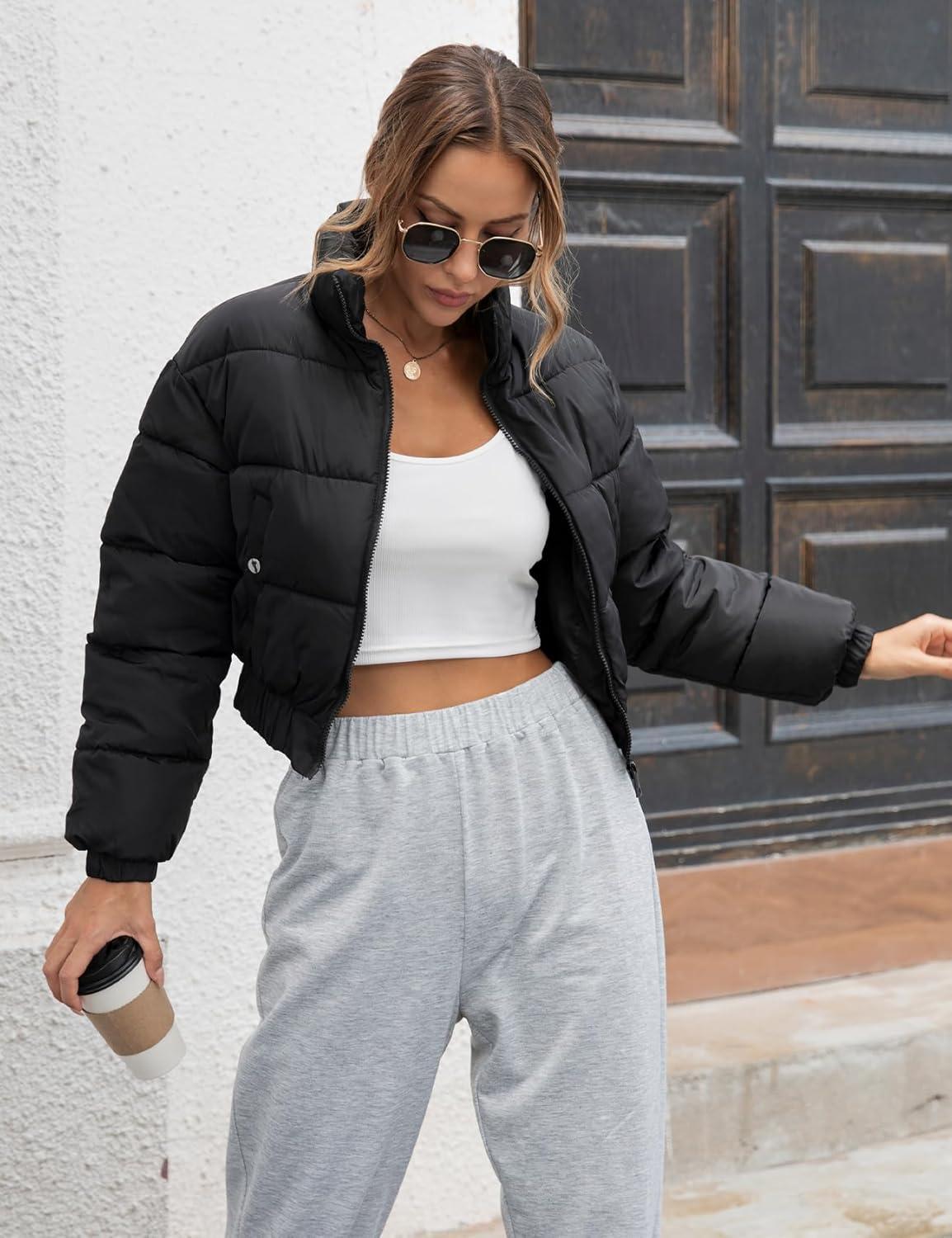 imageGihuo Womens Cropped Puffer Jacket Winter Quilted Jackets Coat01black