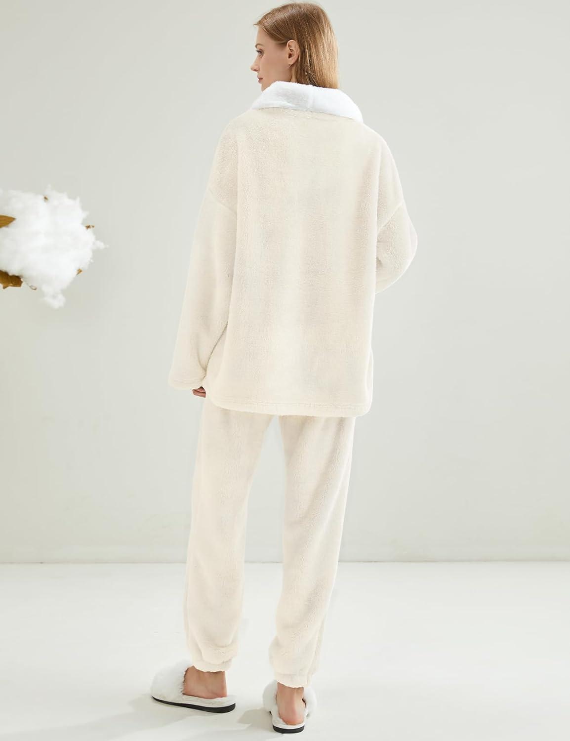 imageGihuo Womens Pajamas Set Fluffy 2 Piece Pjs Fuzzy Top Pants Loose Coral Fleece Loungewear Sleepwear Winter Warm PjBeige