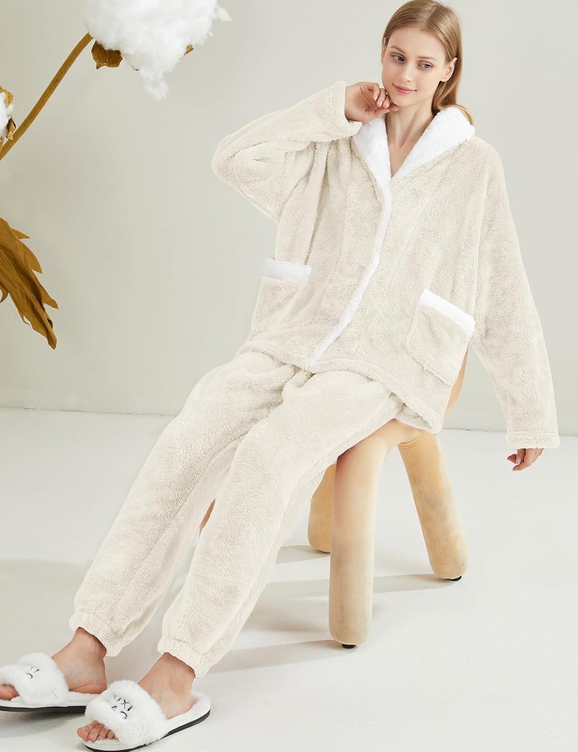 imageGihuo Womens Pajamas Set Fluffy 2 Piece Pjs Fuzzy Top Pants Loose Coral Fleece Loungewear Sleepwear Winter Warm PjBeige
