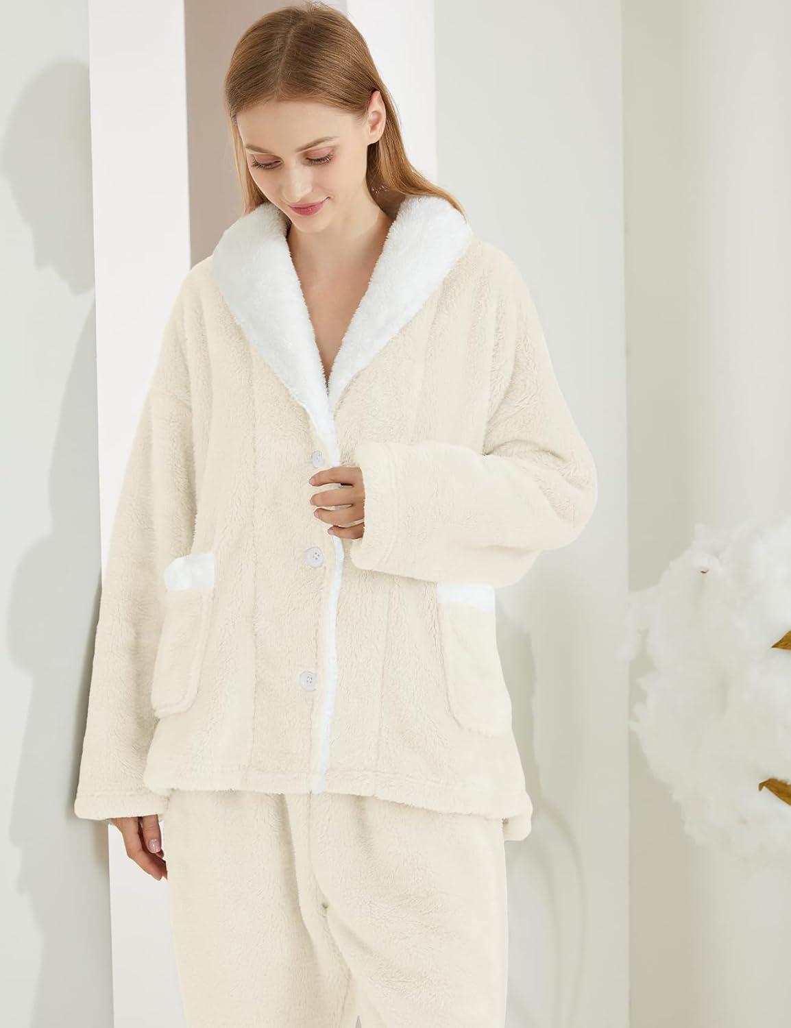 imageGihuo Womens Pajamas Set Fluffy 2 Piece Pjs Fuzzy Top Pants Loose Coral Fleece Loungewear Sleepwear Winter Warm PjBeige