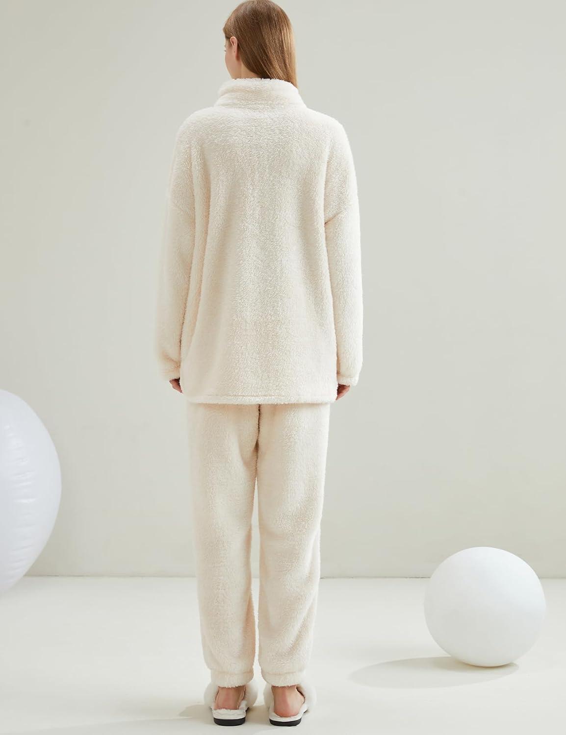 imageGihuo Womens Pajamas Set Fluffy 2 Piece Pjs Fuzzy Top Pants Loose Coral Fleece Loungewear Sleepwear Winter Warm PjBeige