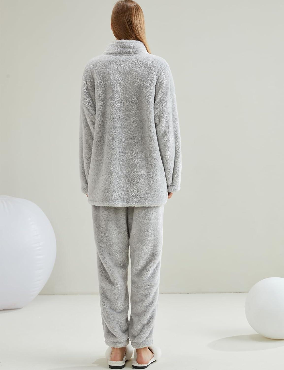 imageGihuo Womens Pajamas Set Fluffy 2 Piece Pjs Fuzzy Top Pants Loose Coral Fleece Loungewear Sleepwear Winter Warm PjLightgrey