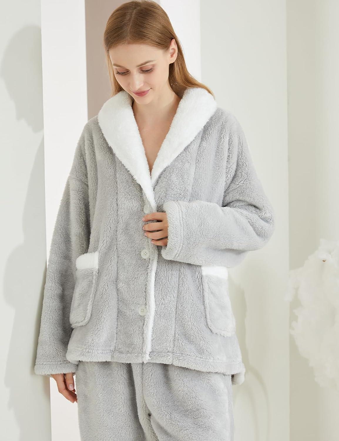 imageGihuo Womens Pajamas Set Fluffy 2 Piece Pjs Fuzzy Top Pants Loose Coral Fleece Loungewear Sleepwear Winter Warm PjLightgrey