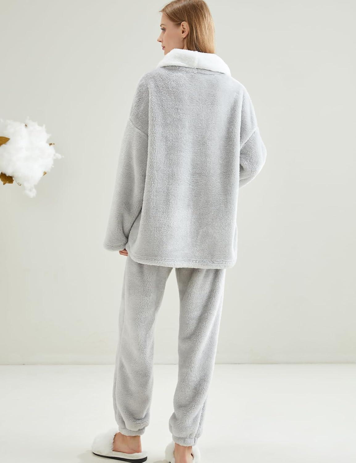imageGihuo Womens Pajamas Set Fluffy 2 Piece Pjs Fuzzy Top Pants Loose Coral Fleece Loungewear Sleepwear Winter Warm PjLightgrey