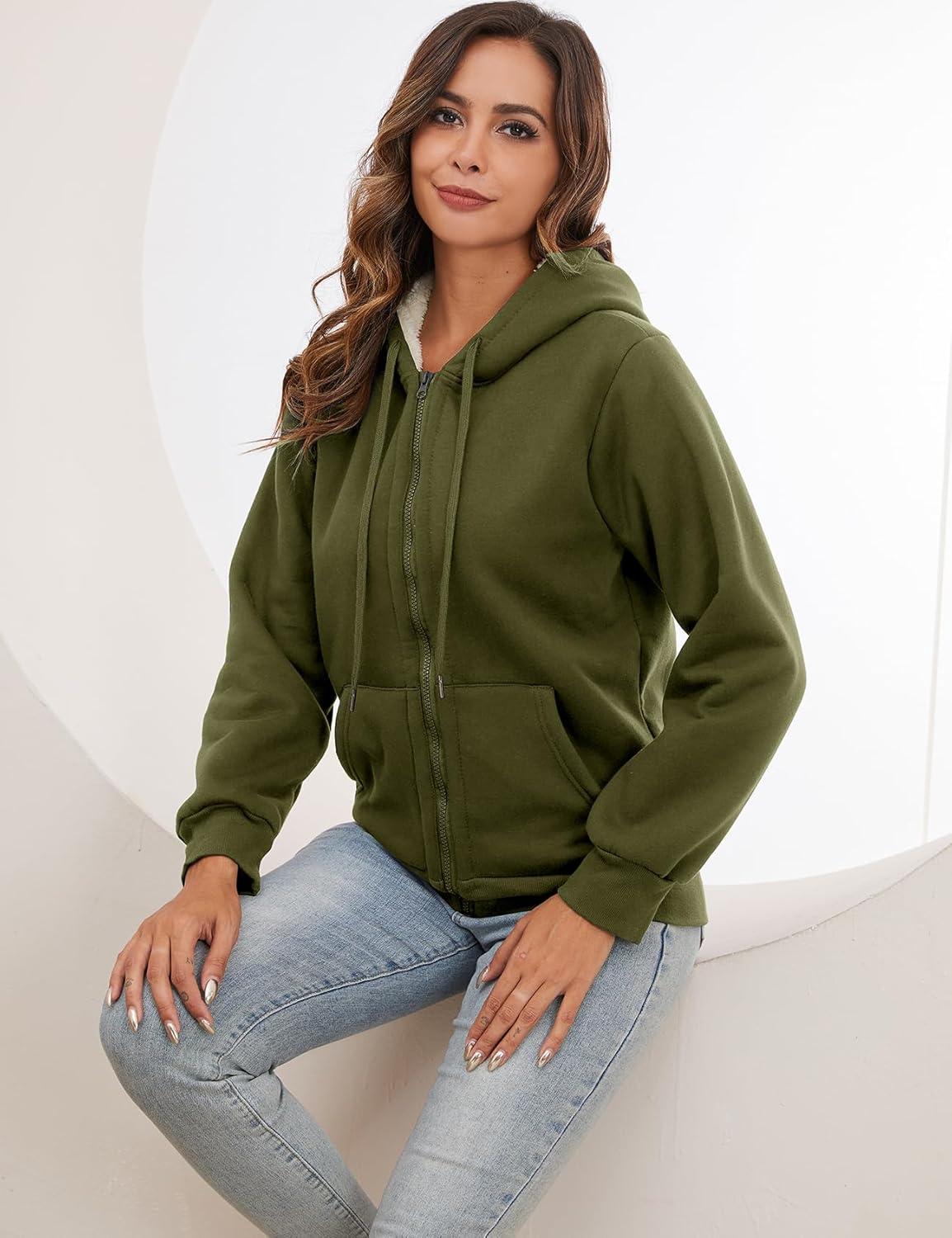 imageGihuo Womens Sherpa Lined Hooded Sweatshirt Zip Up Winter Warm Hoodie Comfy Hooded Fleece JacketArmygreen