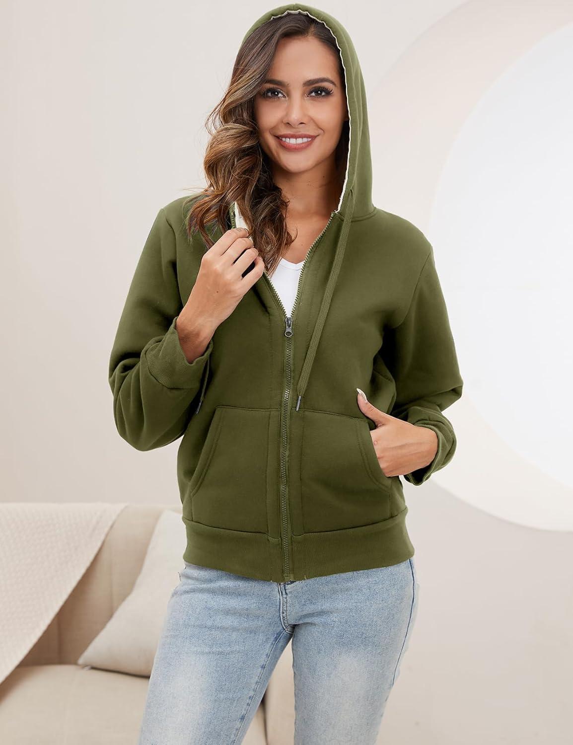imageGihuo Womens Sherpa Lined Hooded Sweatshirt Zip Up Winter Warm Hoodie Comfy Hooded Fleece JacketArmygreen