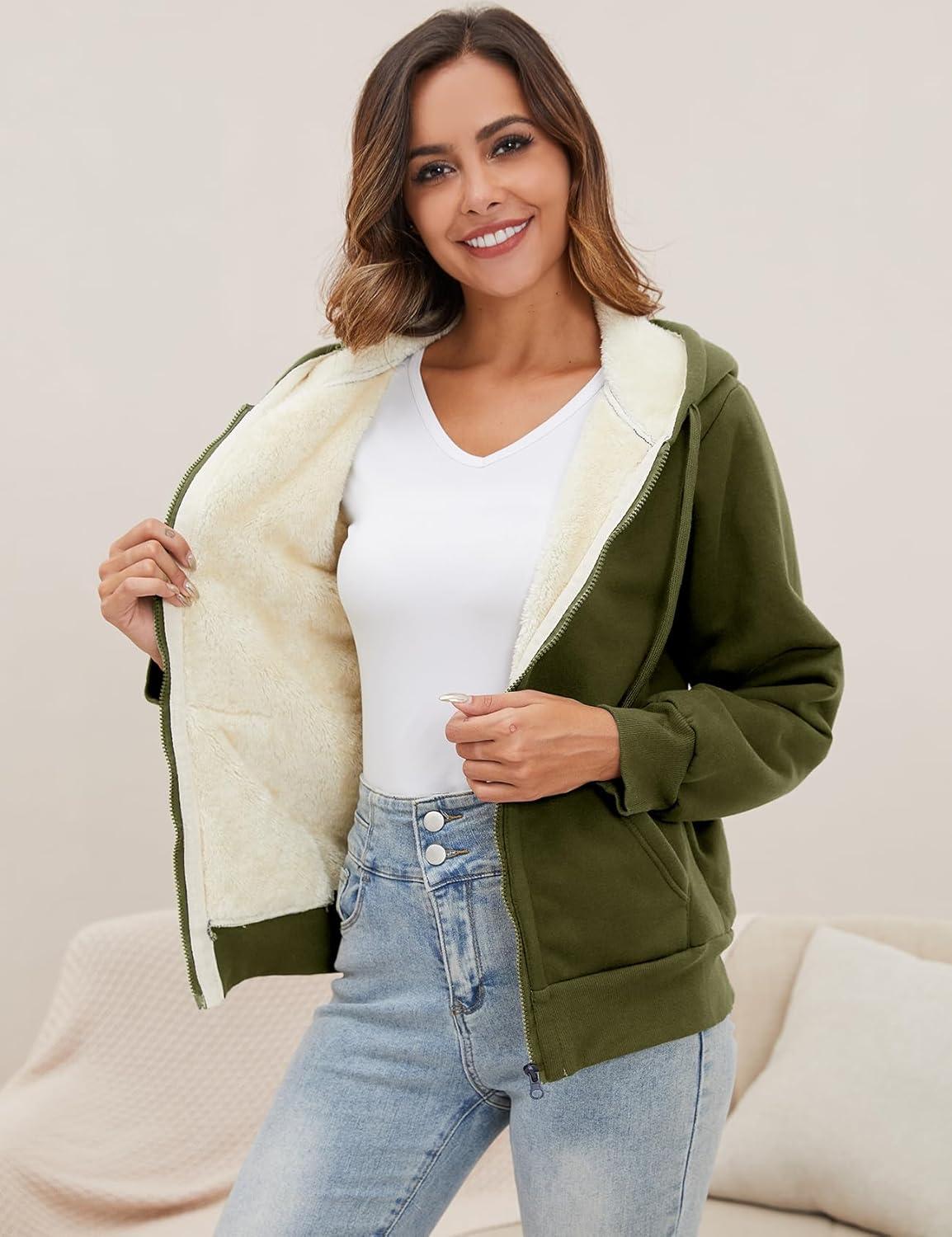 imageGihuo Womens Sherpa Lined Hooded Sweatshirt Zip Up Winter Warm Hoodie Comfy Hooded Fleece JacketArmygreen