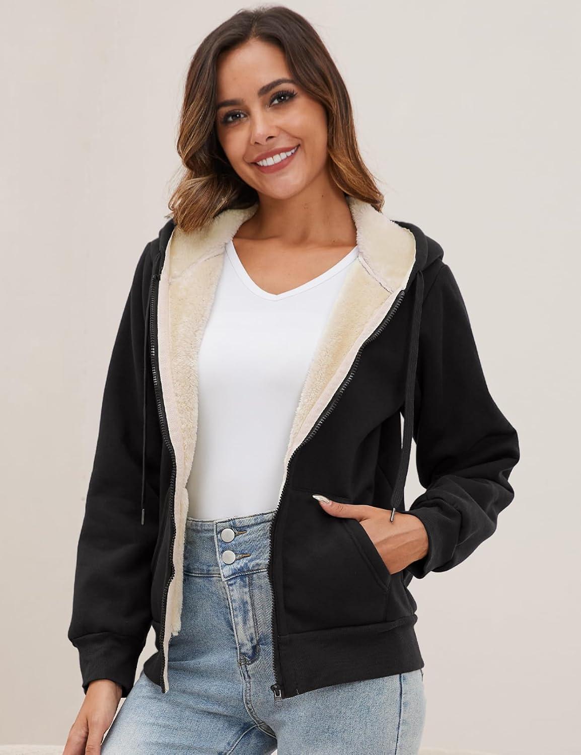 imageGihuo Womens Sherpa Lined Hooded Sweatshirt Zip Up Winter Warm Hoodie Comfy Hooded Fleece JacketBlack Color
