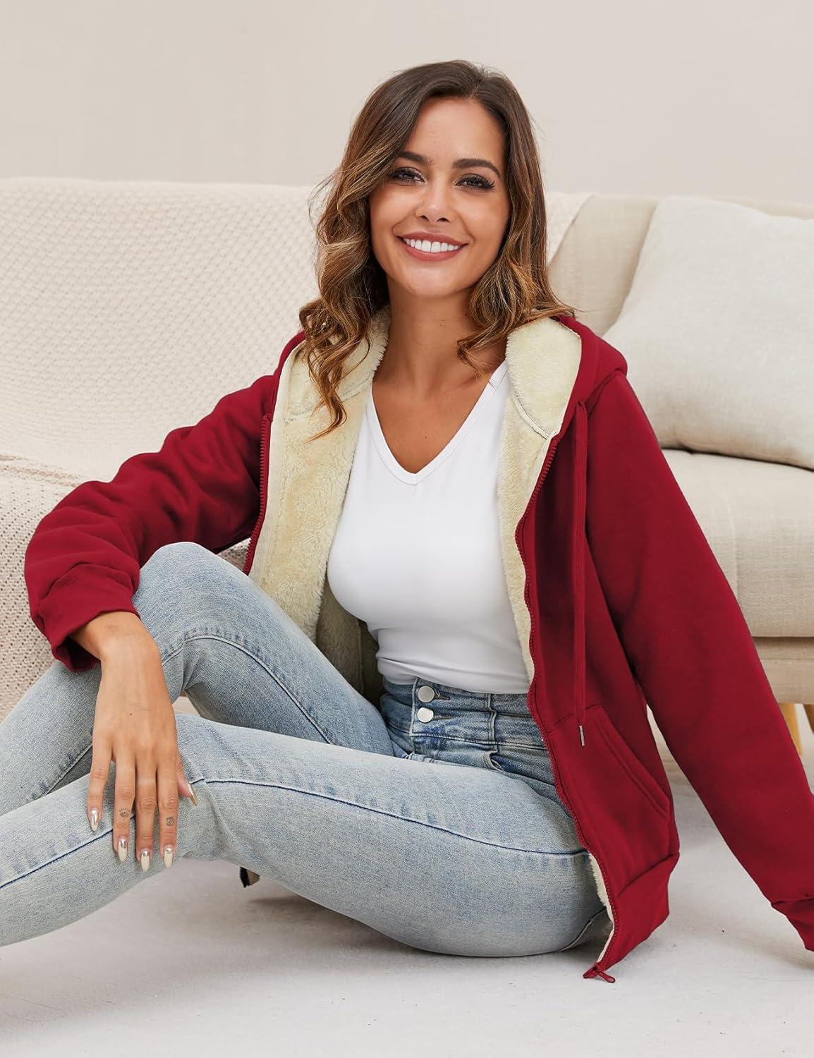imageGihuo Womens Sherpa Lined Hooded Sweatshirt Zip Up Winter Warm Hoodie Comfy Hooded Fleece JacketWinered