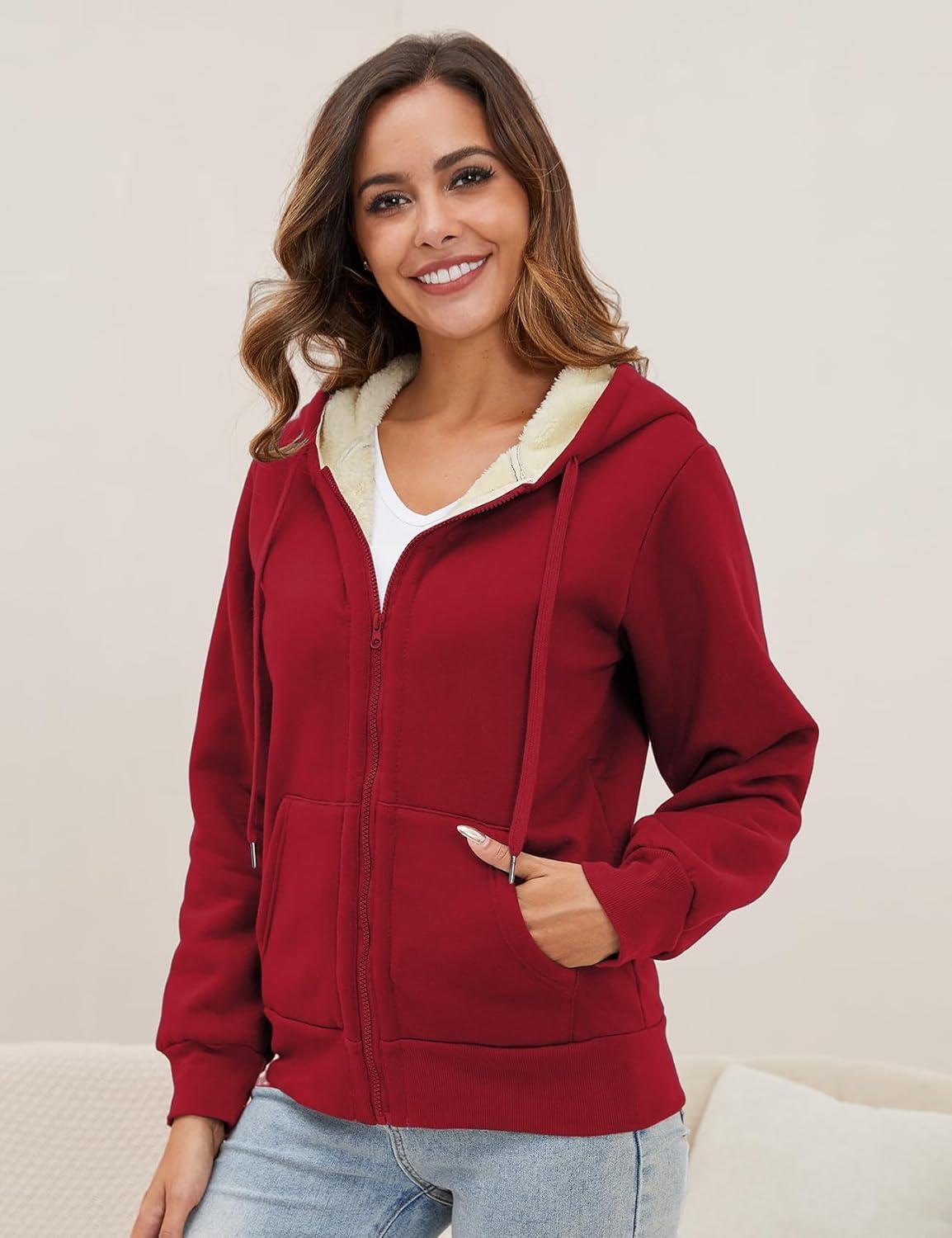 imageGihuo Womens Sherpa Lined Hooded Sweatshirt Zip Up Winter Warm Hoodie Comfy Hooded Fleece JacketWinered