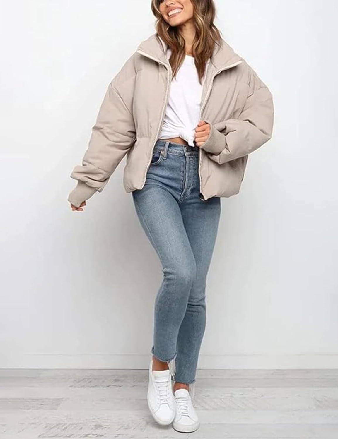 imageGihuo Womens Winter Cropped Puffer Jacket Coat Short Warm Quilted Jacket 2026Beige Color