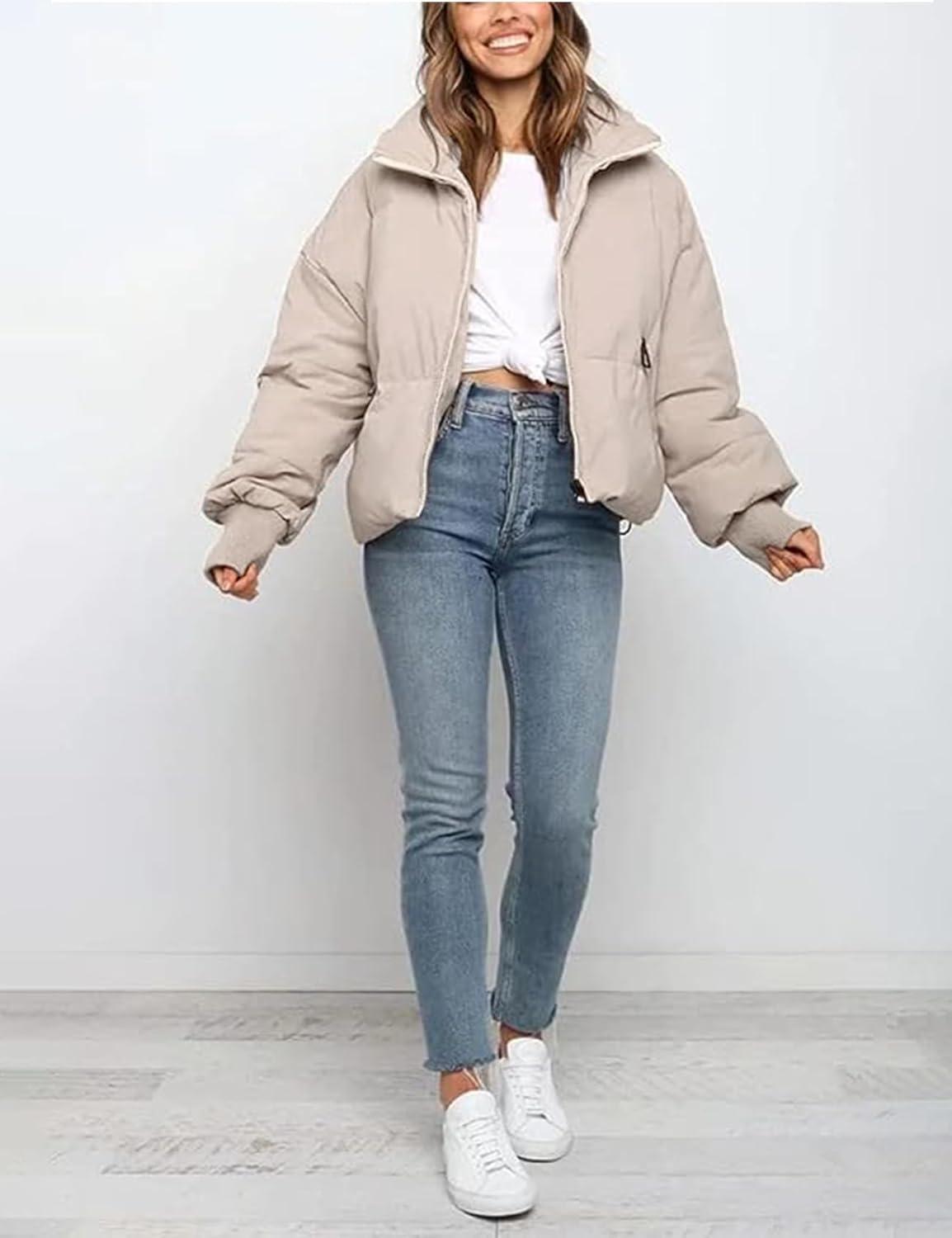imageGihuo Womens Winter Cropped Puffer Jacket Coat Short Warm Quilted Jacket 2026Beige Color