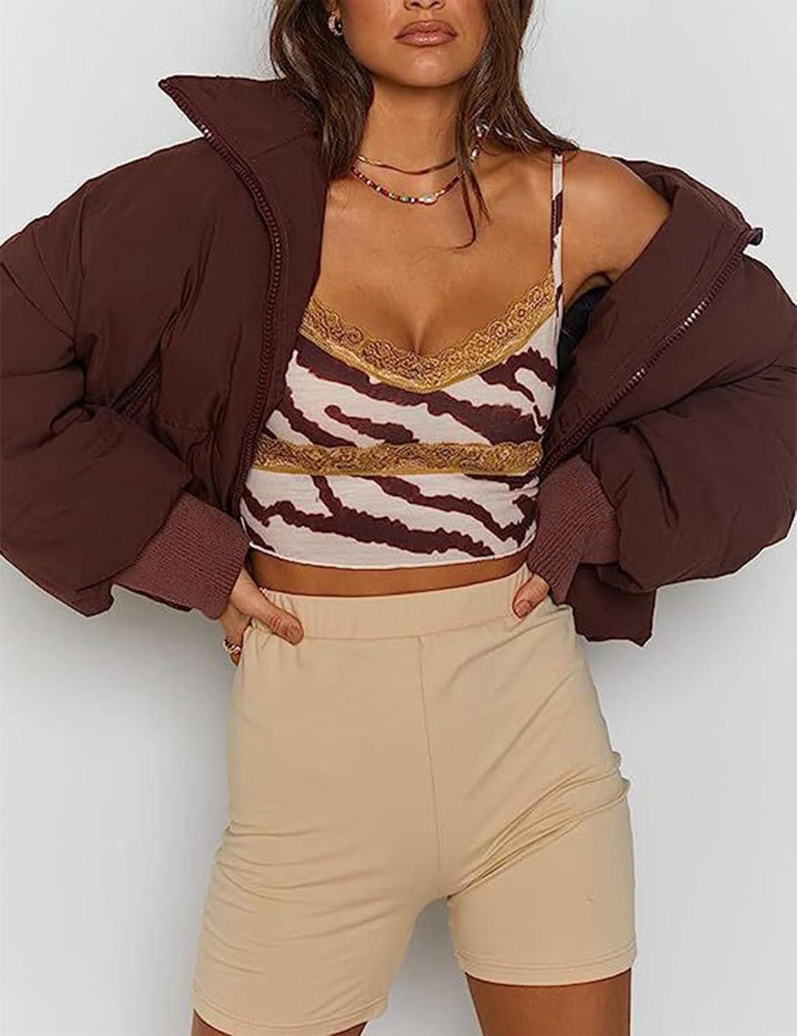 imageGihuo Womens Winter Cropped Puffer Jacket Coat Short Warm Quilted Jacket 2026Brown
