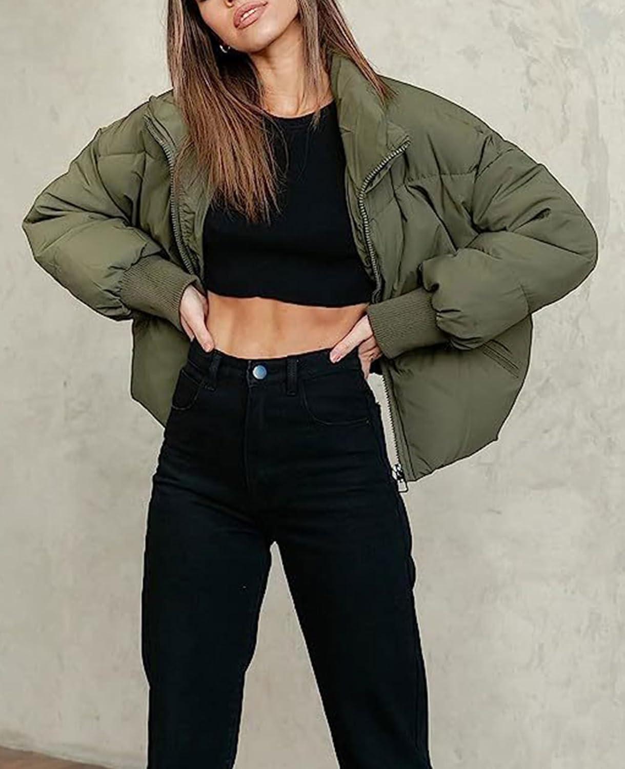 imageGihuo Womens Winter Cropped Puffer Jacket Coat Short Warm Quilted Jacket 2026Green