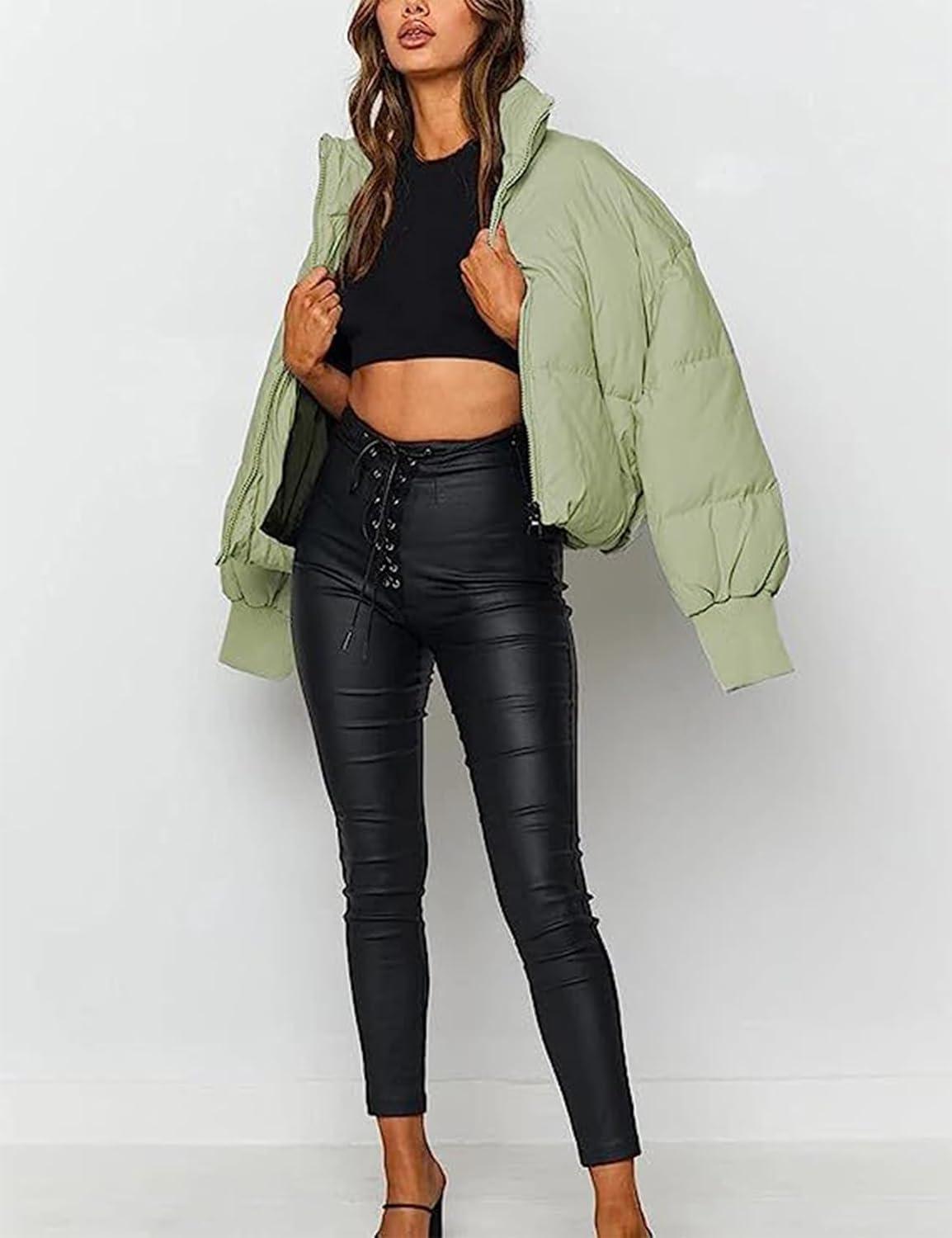 imageGihuo Womens Winter Cropped Puffer Jacket Coat Short Warm Quilted Jacket 2026Lightgreen
