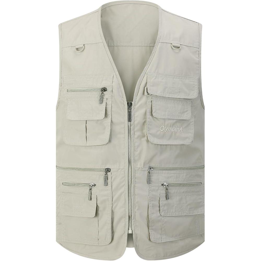 imageGihuo Mens Fishing Vest Utility Safari Travel Vest with Pockets Outdoor Work Photo Cargo Fly Summer VestBeige