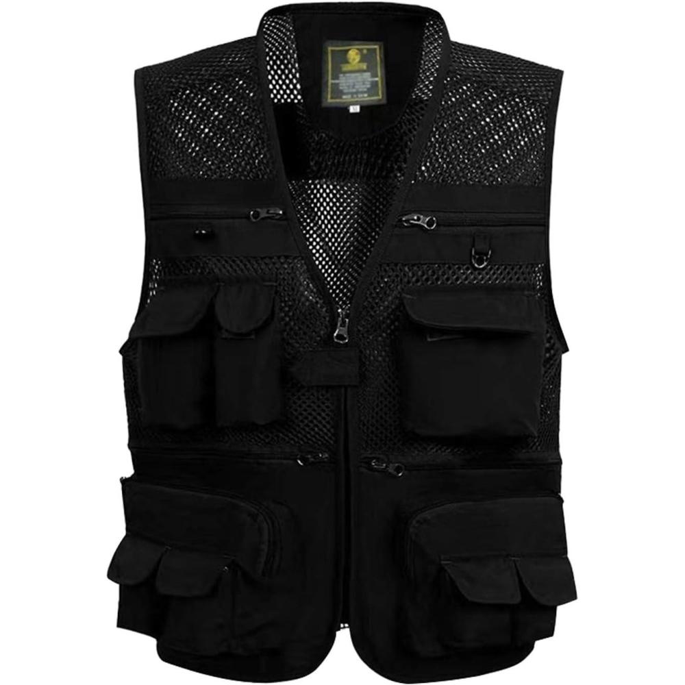 imageGihuo Mens Fishing Vest Utility Safari Travel Vest with Pockets Outdoor Work Photo Cargo Fly Summer VestBlackmesh