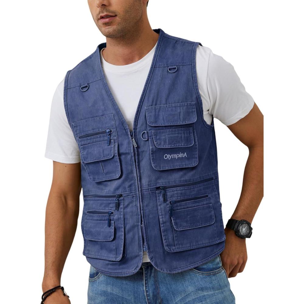 imageGihuo Mens Fishing Vest Utility Safari Travel Vest with Pockets Outdoor Work Photo Cargo Fly Summer VestDenim