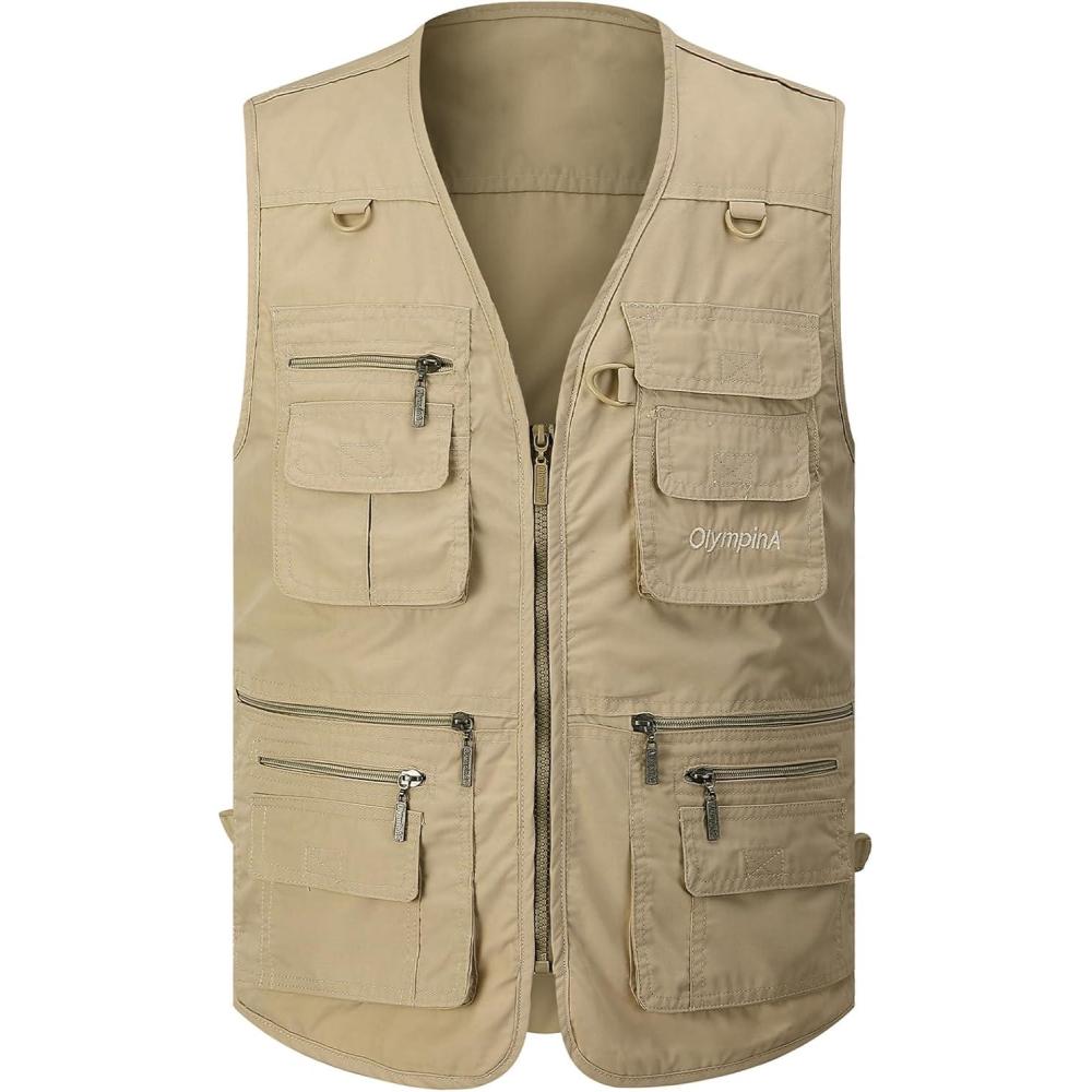 imageGihuo Mens Fishing Vest Utility Safari Travel Vest with Pockets Outdoor Work Photo Cargo Fly Summer VestKhaki