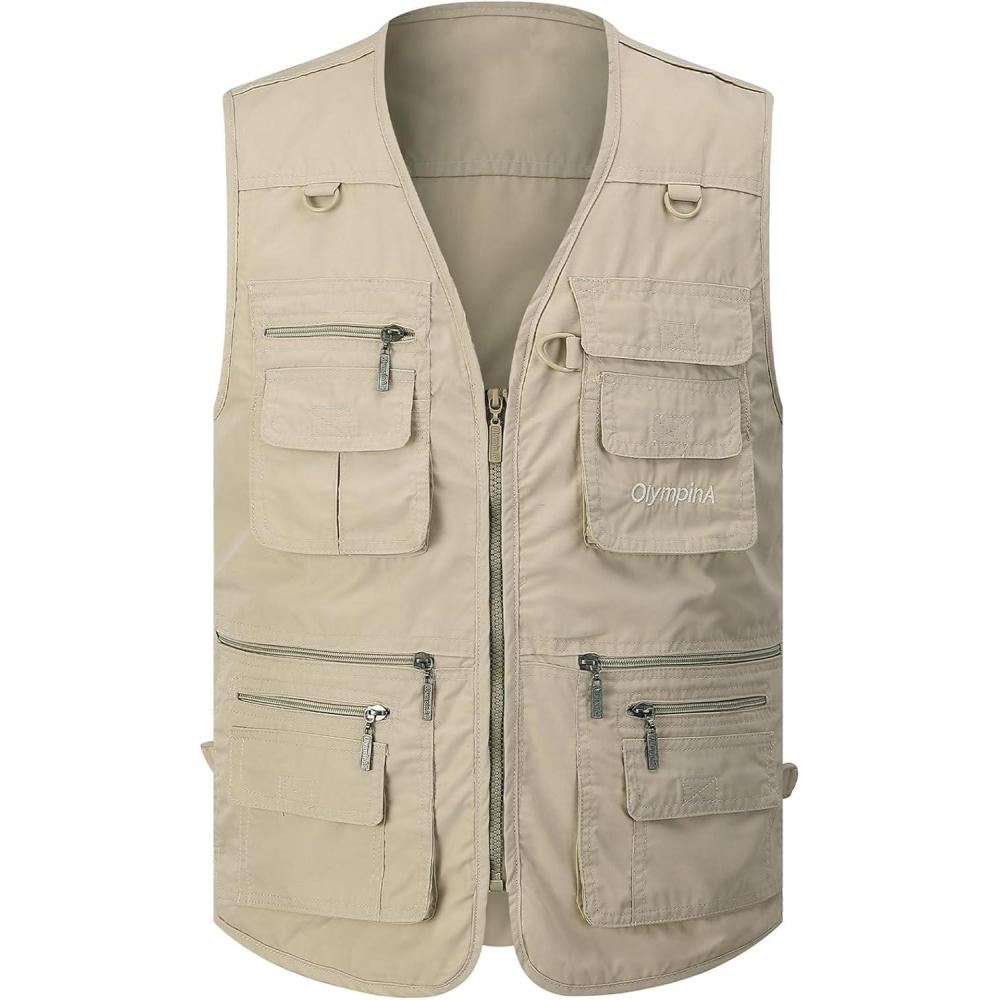 imageGihuo Mens Fishing Vest Utility Safari Travel Vest with Pockets Outdoor Work Photo Cargo Fly Summer VestLight Khaki