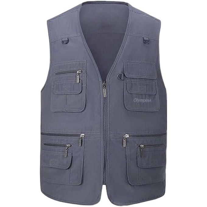 imageGihuo Mens Fishing Vest Utility Safari Travel Vest with Pockets Outdoor Work Photo Cargo Fly Summer VestSteelgrey
