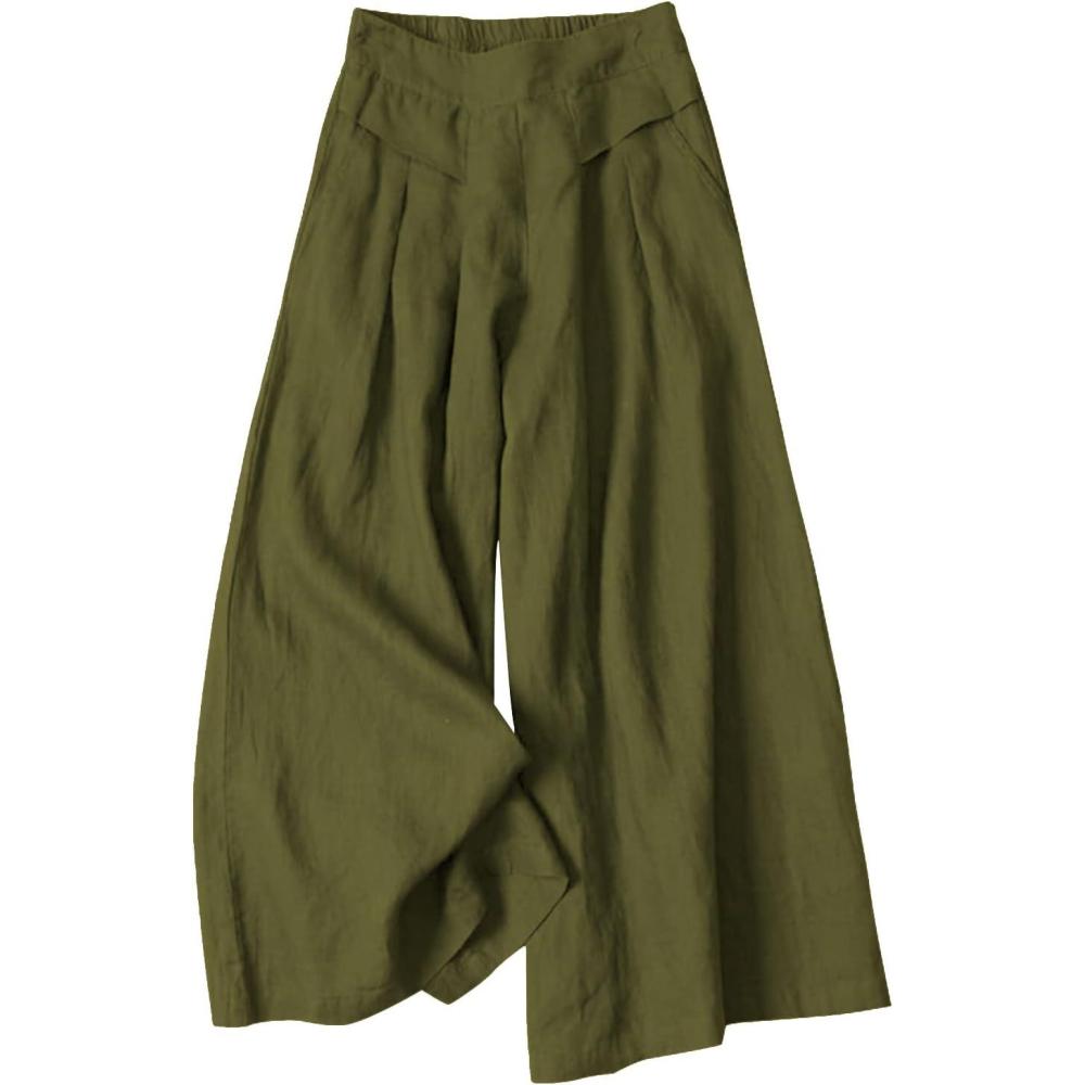 imageGihuo Women s Culottes Linen Blend Wide Leg Pants Elastic Waist Casual Palazzo Trousers with Pockets CaprisArmy