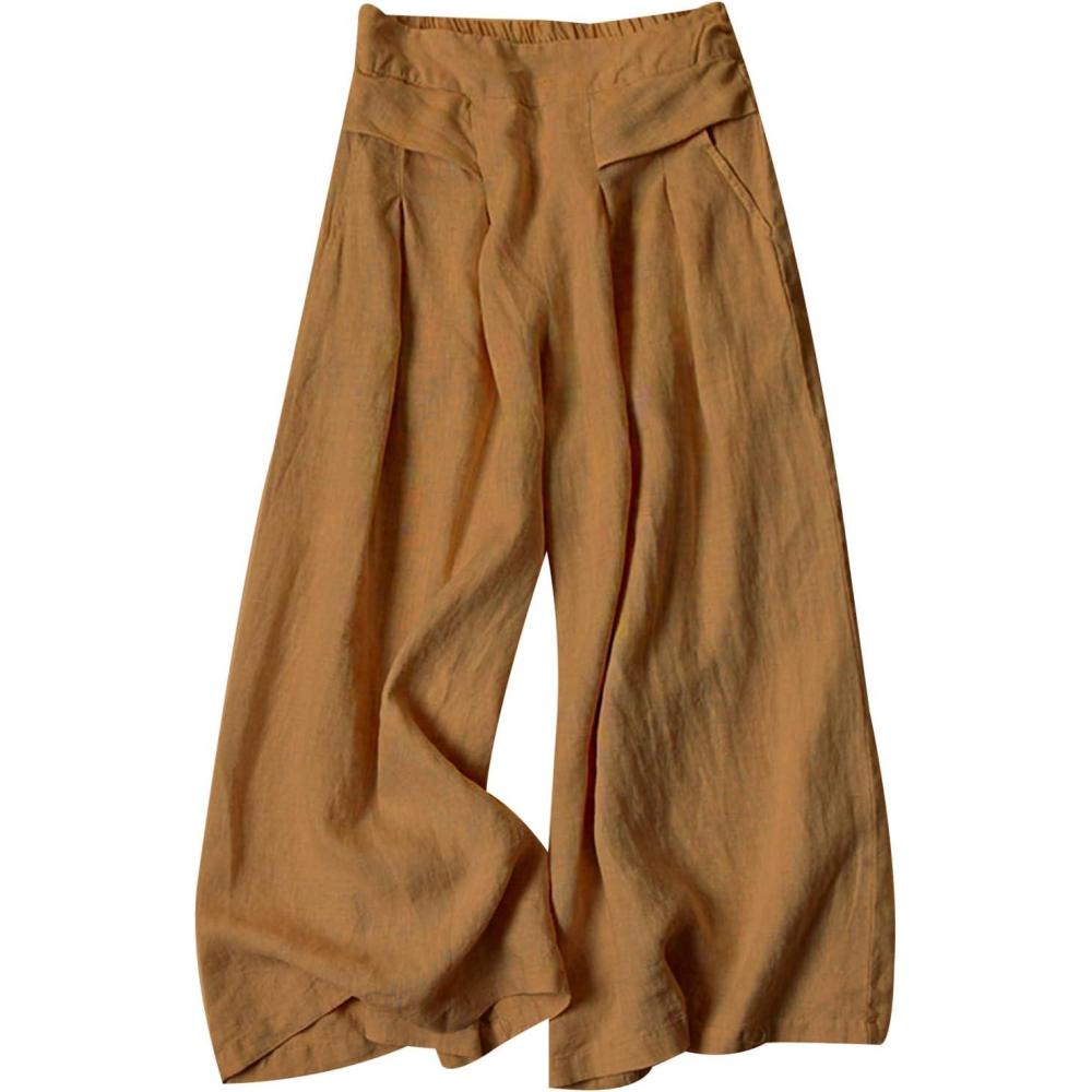 imageGihuo Women s Culottes Linen Blend Wide Leg Pants Elastic Waist Casual Palazzo Trousers with Pockets CaprisBrown