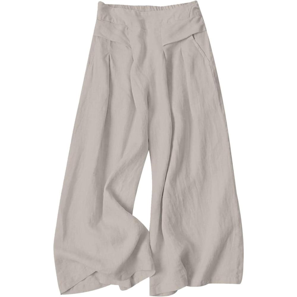 imageGihuo Women s Culottes Linen Blend Wide Leg Pants Elastic Waist Casual Palazzo Trousers with Pockets CaprisLightkhaki