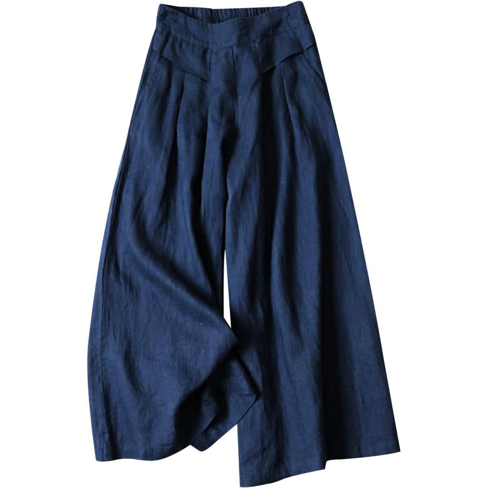 imageGihuo Women s Culottes Linen Blend Wide Leg Pants Elastic Waist Casual Palazzo Trousers with Pockets CaprisNavy