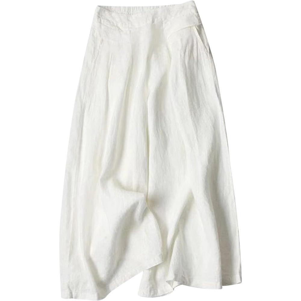 imageGihuo Women s Culottes Linen Blend Wide Leg Pants Elastic Waist Casual Palazzo Trousers with Pockets CaprisWhite