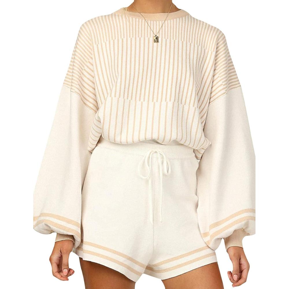 imageGihuo Women s Striped 2 Piece Outfits Crewneck Knit Pullover Sweater Shorts Set Wide Leg Matching Set LoungewearApricot