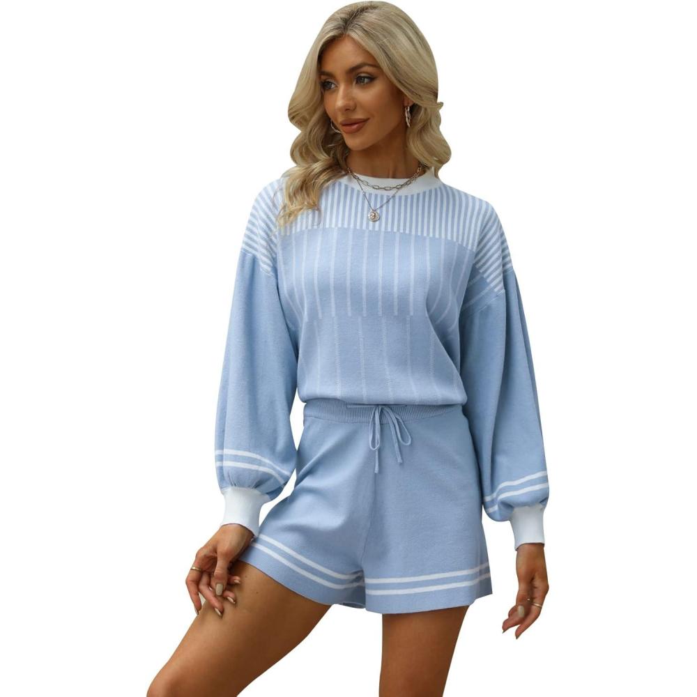 imageGihuo Women s Striped 2 Piece Outfits Crewneck Knit Pullover Sweater Shorts Set Wide Leg Matching Set LoungewearBlue