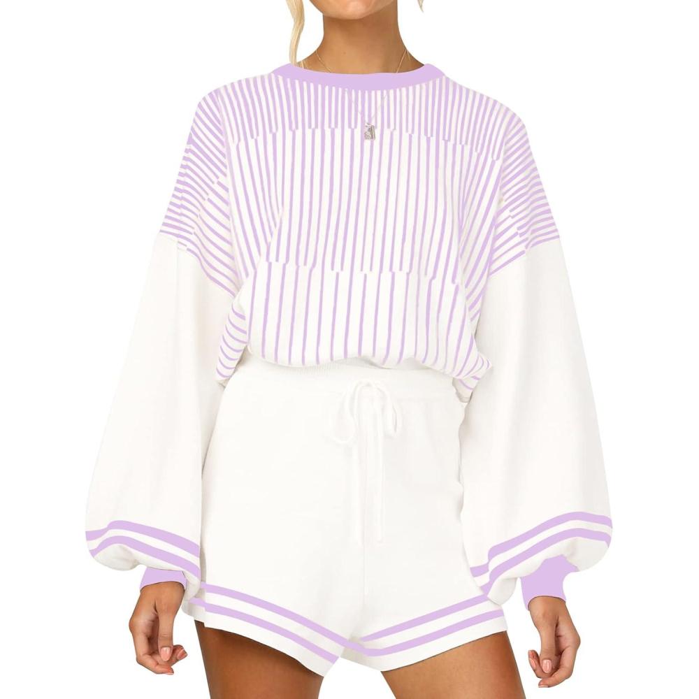 imageGihuo Women s Striped 2 Piece Outfits Crewneck Knit Pullover Sweater Shorts Set Wide Leg Matching Set LoungewearPurple