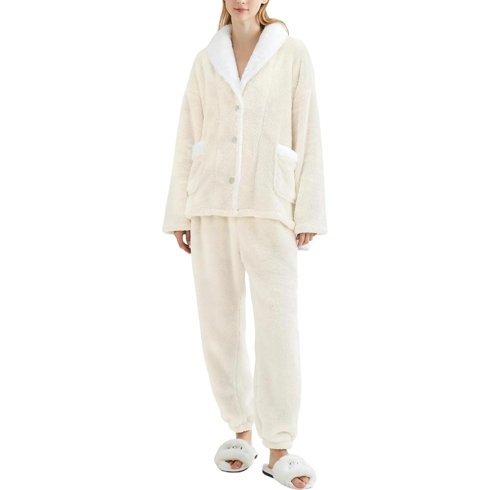 imageGihuo Womens Pajamas Set Fluffy 2 Piece Pjs Fuzzy Top Pants Loose Coral Fleece Loungewear Sleepwear Winter Warm PjBeige