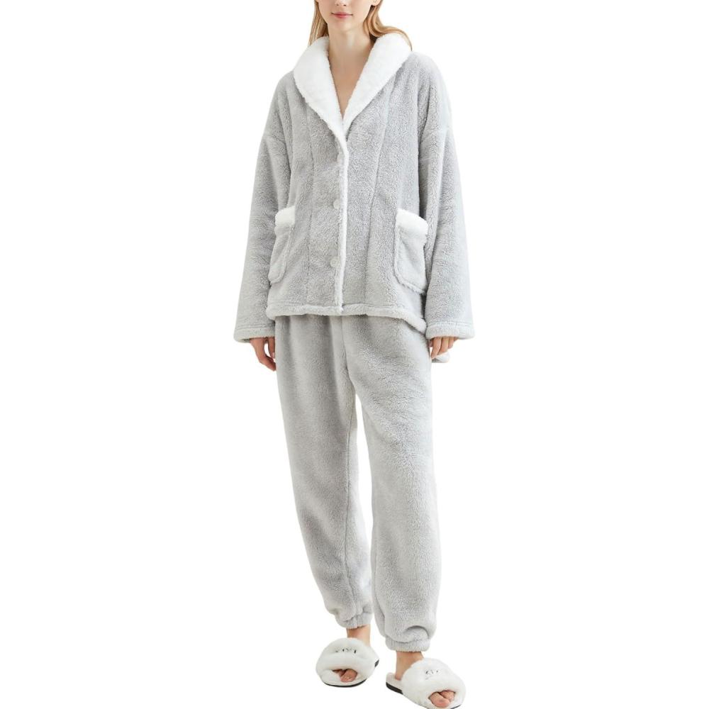 imageGihuo Womens Pajamas Set Fluffy 2 Piece Pjs Fuzzy Top Pants Loose Coral Fleece Loungewear Sleepwear Winter Warm PjLightgrey